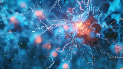 Wall Mural - A Microscopic View of a Neuron with Glowing Dendrites