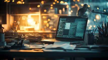 Workspace with a laptop and coding in a warm, creative environment