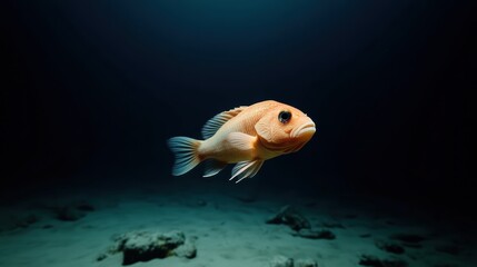 Bioluminescent abyssal fish illuminating the barren, rocky seafloor of the deep ocean, surrounded by darkness