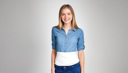 Wall Mural - A young woman is wearing a blue shirt and jeans