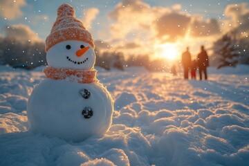 Family Fun in the Snow - Children Building Snowman as Parents Watch in Winter Wonderland