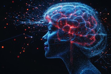 Wall Mural - Futuristic brain with glowing blue and red neural networks symbolizing advanced mental processes AI integration and the future of brain computer interfaces