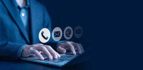 Wall Mural - using the laptop to show the icon ( address, phone, email, call ) to contact customer support. help 