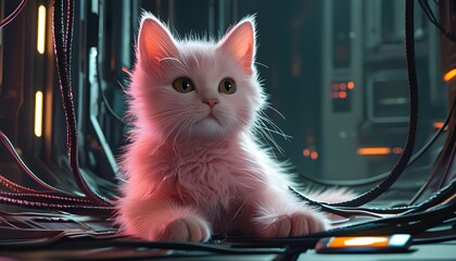 Whimsical pink cyber cat exploring vibrant sci-fi landscapes filled with warmth and futuristic energy