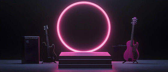 3D rendering of a podium mockup scene with musical instruments and concert lighting, featuring a rock concert background for a music festival product presentation. The color palette is black and neon