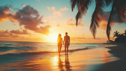 Poster - Couple Walking on Beach at Sunset