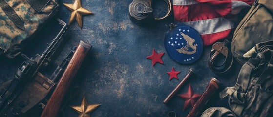 Create a respectful Veterans Day background featuring symbolic elements like flags, stars, and military insignia to honor and commemorate the service of veterans in the USA