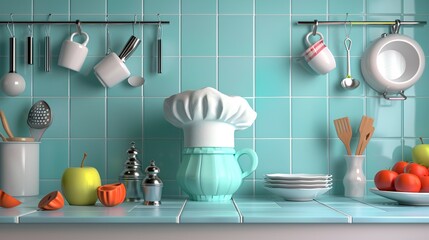 A Kitchen Countertop with a Chef's Hat and Kitchen Supplies