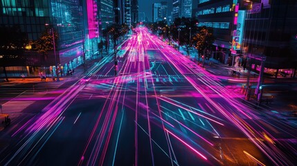 Neon Light Trails on a Busy City Street at Night with Modern Skyscrapers in the Background