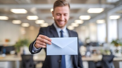 Successful businessman receiving envelope with salary raise or bonus, expressing joy and satisfaction. Corporate reward, financial incentive, and career advancement concept in professional workplace