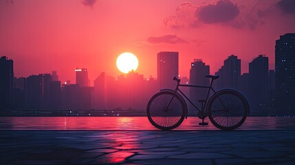 Silhouette of Bicycle Against Vibrant Sunset with Urban Skyline in Background