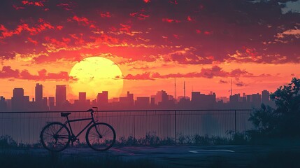 Stunning Sunset Cityscape with Bicycle Silhouette and Vibrant Sky Over Urban Skyline