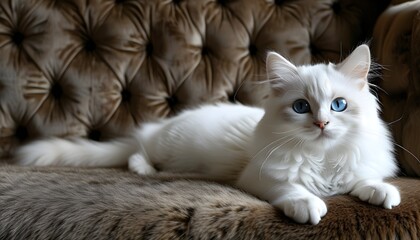 Wall Mural - Charming white kitten with blue eyes relaxing on a plush sofa