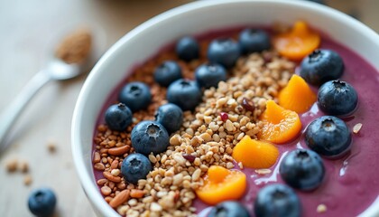 Healthy Breakfast Smoothie Bowl Topped with Blueberries and Nuts