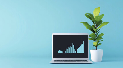 A laptop displaying AI generated graphs and data flow sits next to green plant, creating modern and minimalistic workspace. vibrant blue background enhances overall aesthetic