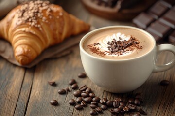 cup of cappuccino coffee with a croissant in the background