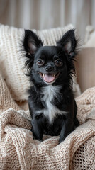 Happy Black Chihuahua on beige sofa in cozy living room