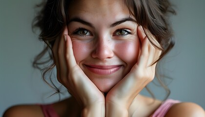 playful woman with hands on cheeks displaying a funny expression