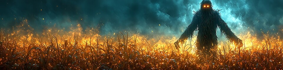 Sinister scarecrow in a moonlit cornfield with glowing eyes and shadows 