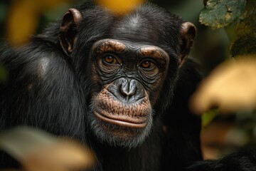 A close-up portrait of a chimpanzee, with expressive eyes and detailed fur textures, sitting peacefully in a forest, with soft lighting highlighting its features