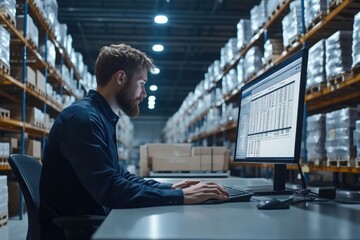 Warehouse Manager Analyzing Inventory Data on Computer