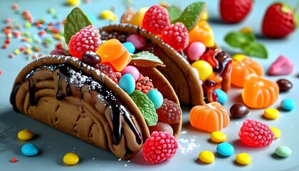 Playful dessert tacos filled with chocolate and fruits, adorned with colorful candy toppings in a cheerful and delightful presentation.