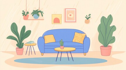 Wall Mural - Living room cartoon illustration with a soft sofa and coffee table, colorful background.