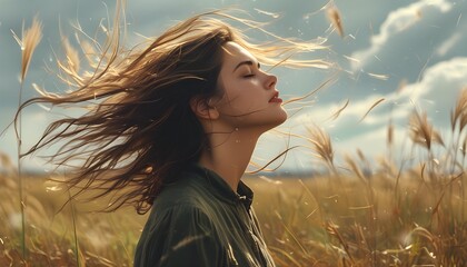 White-haired woman in the wind standing gracefully in a vast, serene field