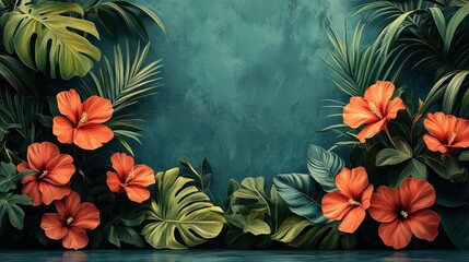 Wall Mural - Tropical floral background with hibiscus and lush greenery.