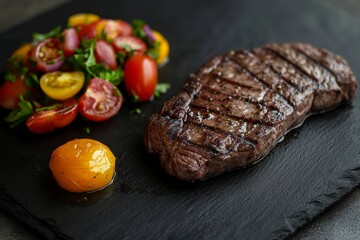 An illustration of grilled steaks and colorful vegetables on a slate plate is ideal for culinary posters and restaurant menus