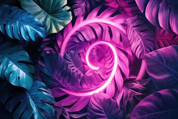 Wall Mural - Vibrant tropical leaves swirl in a mesmerizing pattern, illuminated by neon pink light, perfect for creative design themes.