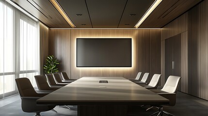 Generative AI Image of Minimalist Majestic Meeting Room Office at Morning Light Shadow Skyscrapers