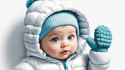 Wall Mural - Baby wearing puffer suit and mittens on plain white background