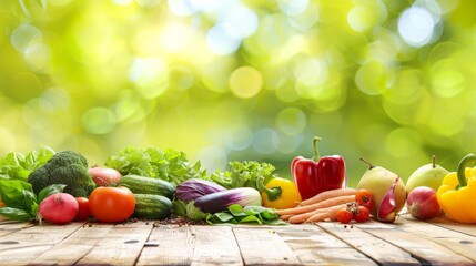 Close-up of vibrant fresh fruits and vegetables arranged in a balanced layout on a wooden table, symbolizing healthy gut nutrition and natural wellness.