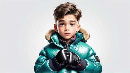 Poster - Boy wearing puffer jacket and gloves on plain white background