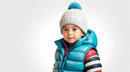 Wall Mural - Child wearing beanie and puffer vest on plain white background