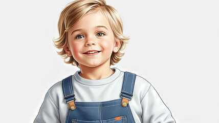 Wall Mural - Child wearing thermal shirt and overalls on plain white background