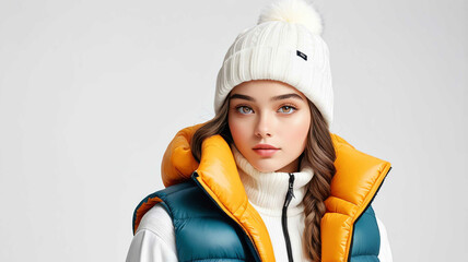 Poster - Girl wearing puffer vest and beanie on plain white background