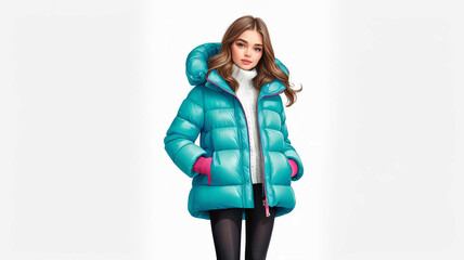 Poster - Girl wearing puffer coat and tights on plain white background