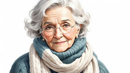 Wall Mural - Grandmother wearing layered sweater and scarf on plain white background