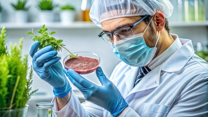 Scientist examining plant-based meat in a laboratory, lab-grown meat, food innovation