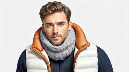 Canvas Print - Man wearing puffer vest and scarf on plain white background