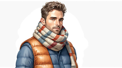 Poster - Man wearing puffer vest and scarf on plain white background