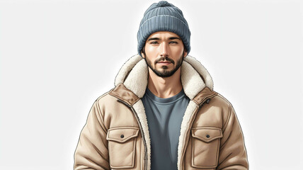 Wall Mural - Man wearing sherpa jacket and beanie on plain white background