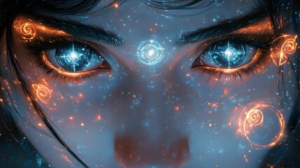 Intense Mage's Gaze Reflecting Cosmic Energy and Fantasy Symbols