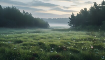 Pristine Nature Awaits: Morning Dew-Kissed Fields and Lush Forests Captured with AI Precision