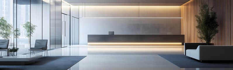 Wall Mural - 27. **A modern office lobby with sleek furniture, a reception desk, and a clear, minimalist design.