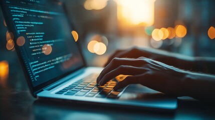 Person coding on a laptop during sunset with bokeh lights