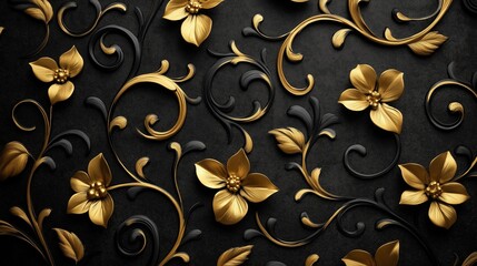 Wall Mural - Golden floral pattern on a black background.