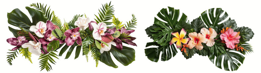 Two arrangements of tropical flowers and leaves on a green background. The arrangement on the left has orchids and ferns, while the arrangement on the right has hibiscus flowers and monstera leaves.